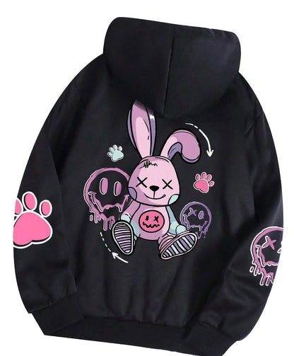 Hip hop printed oversized hoodie for women featuring colorful rabbit design and playful graphics
