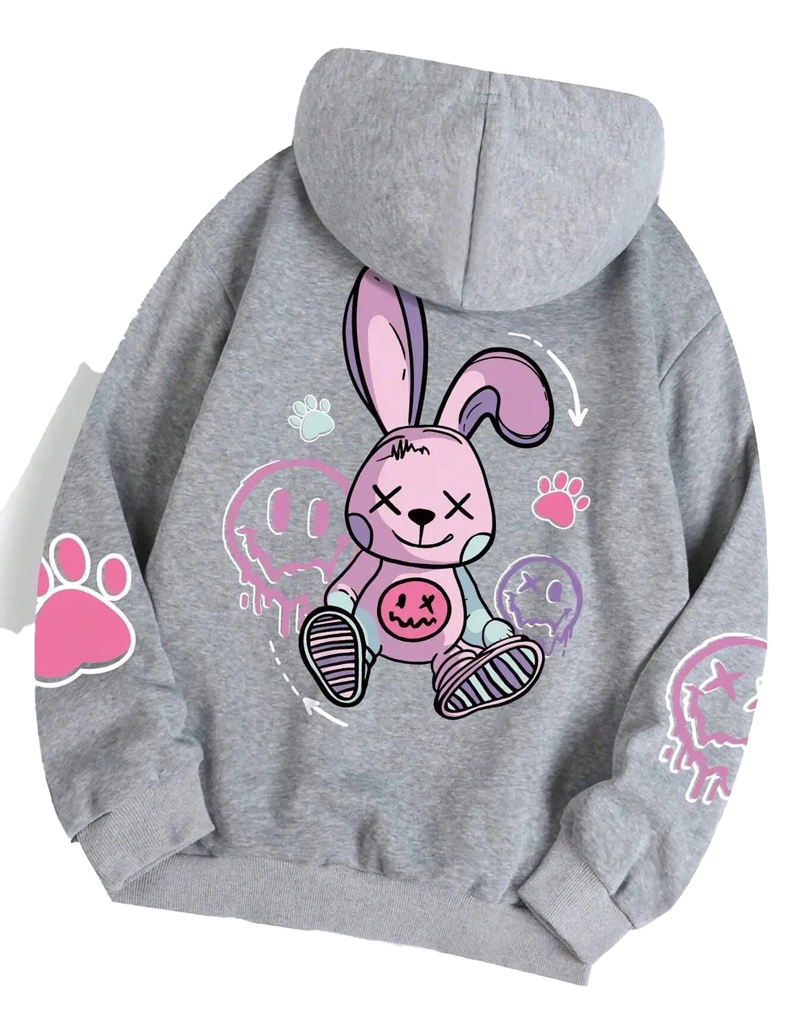 Gray hip hop printed oversized hoodie for women with colorful cartoon bunny design on the back