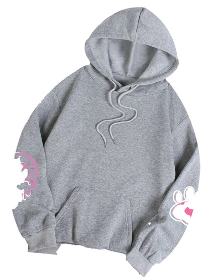 Gray hip hop printed oversized hoodie for women with unique designs on sleeves