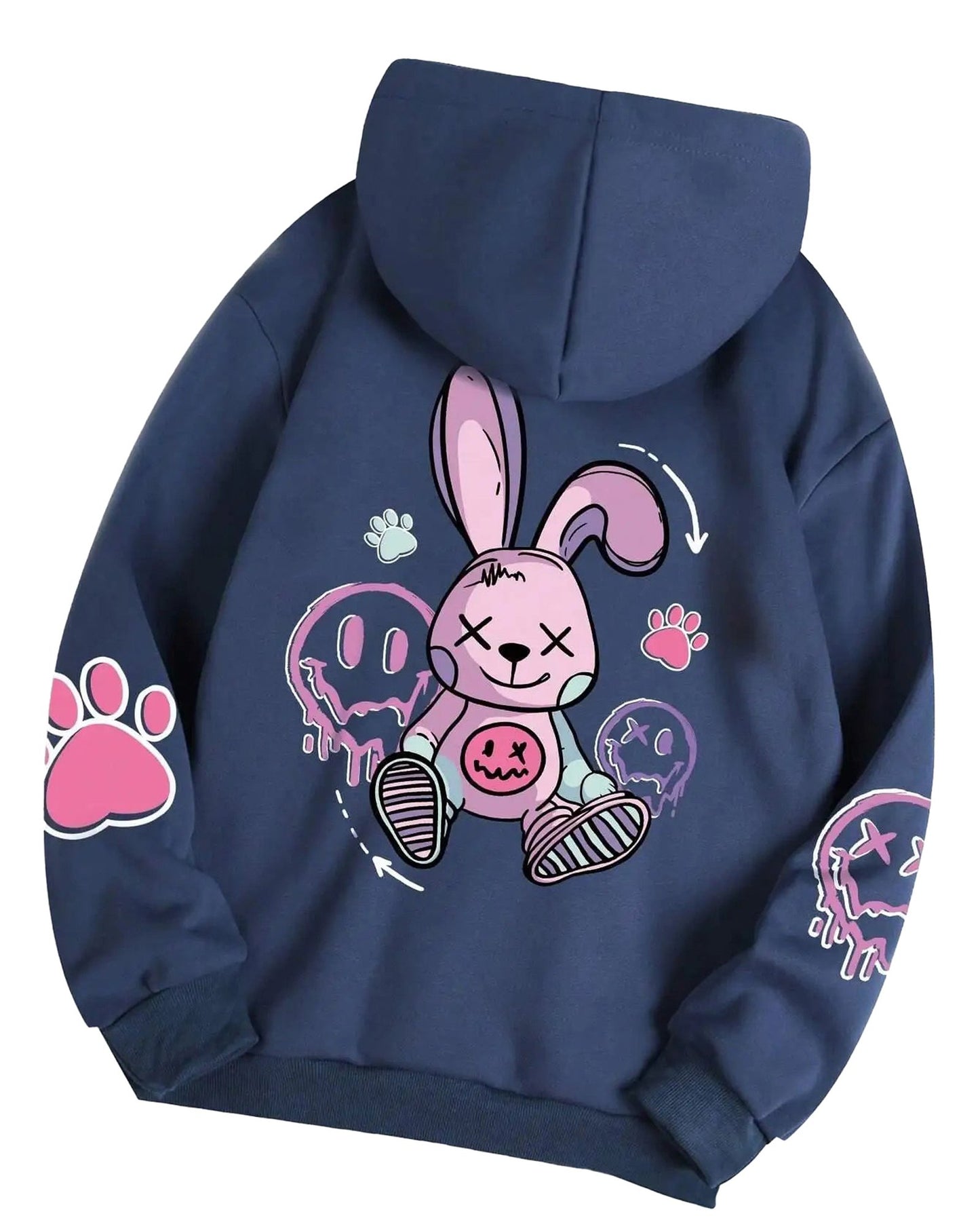Navy hip hop printed oversized hoodie for women with cute bunny and colorful skull graphic design
