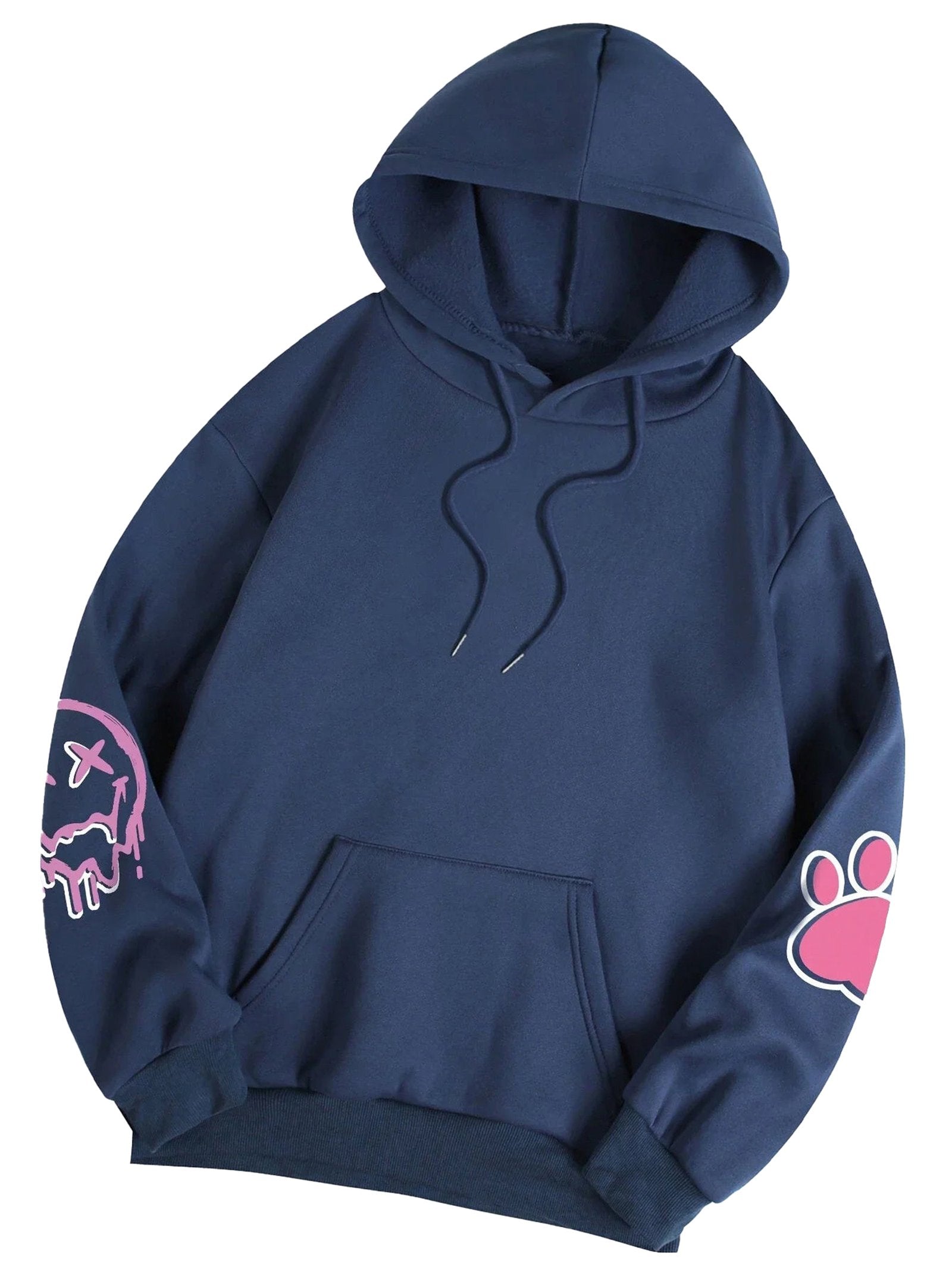 Navy hip hop printed oversized hoodie for women featuring unique designs on the sleeves