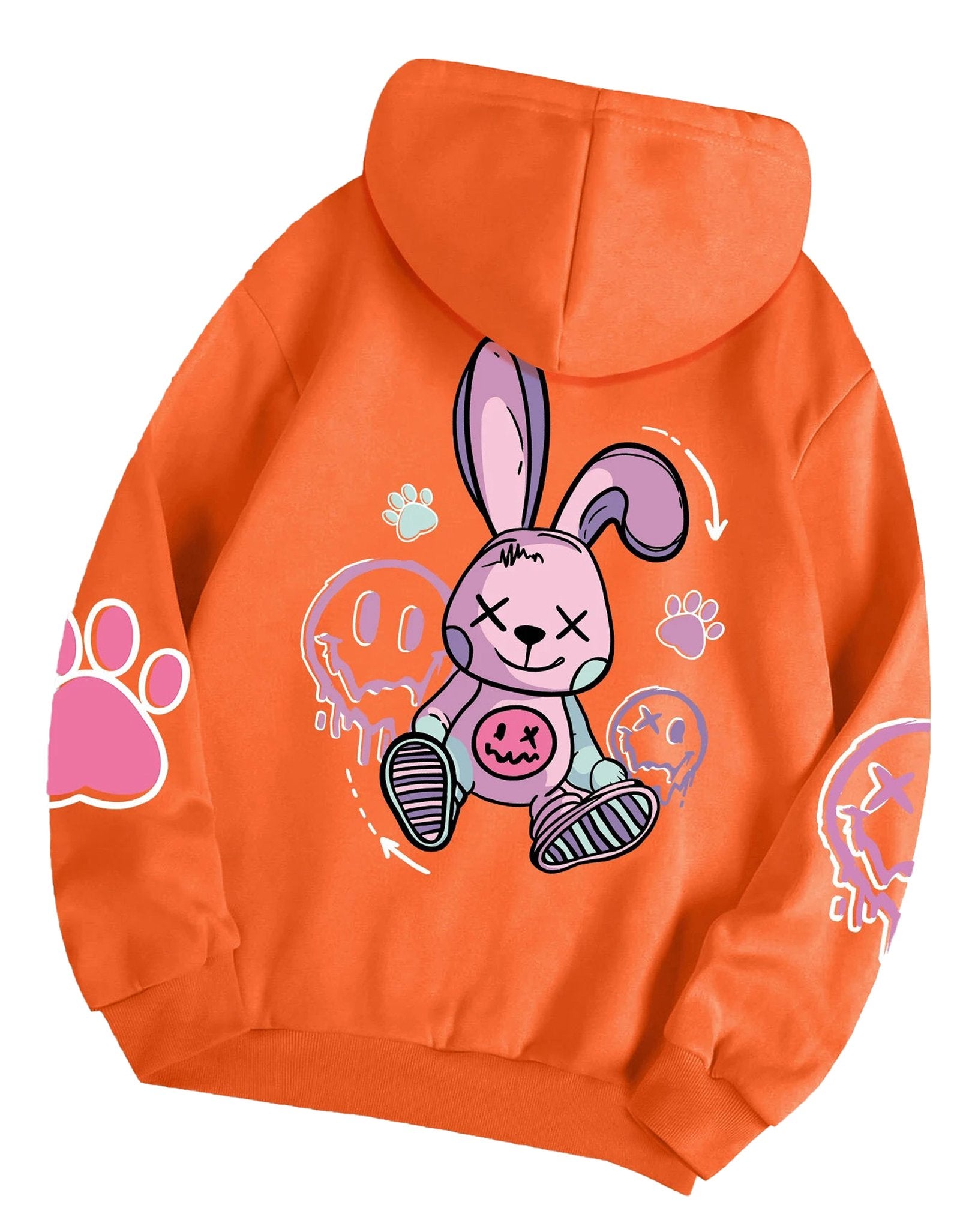 Hip hop printed oversized hoodie for women in orange featuring a cartoon bunny design on the back