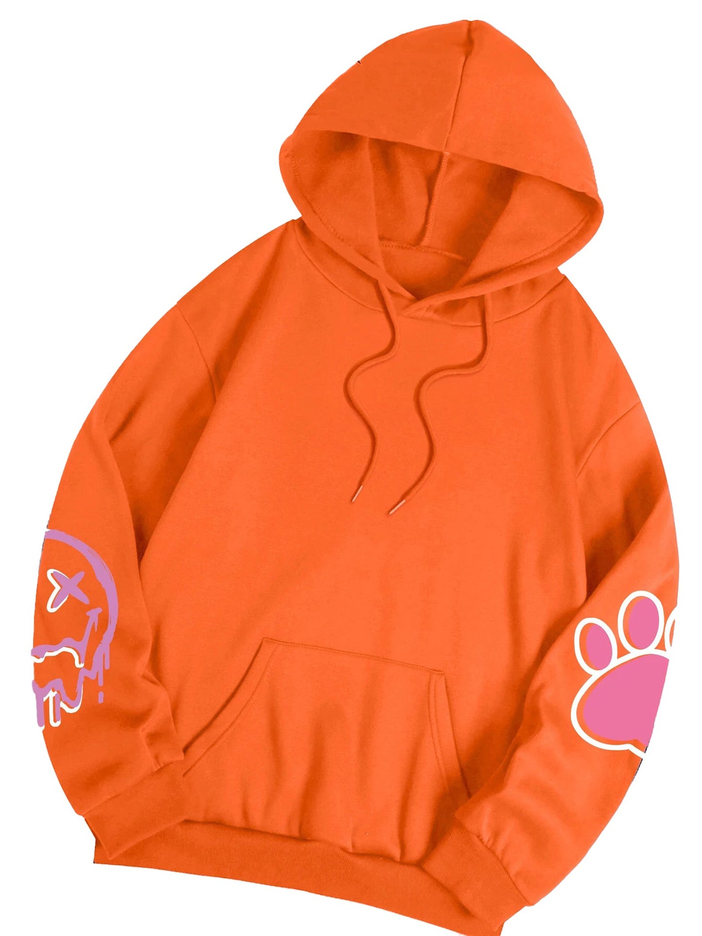 Bright orange hip hop printed oversized hoodie for women with graphic designs on sleeves