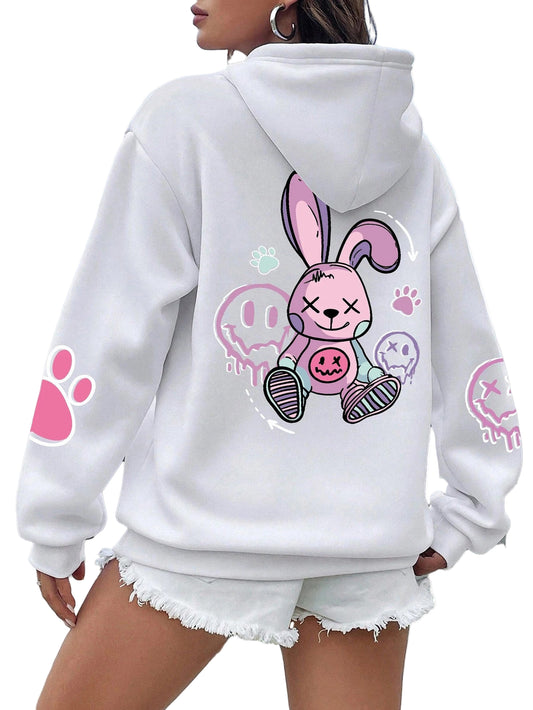Trendy hip hop printed oversized hoodie for women featuring a cute bunny design on the back