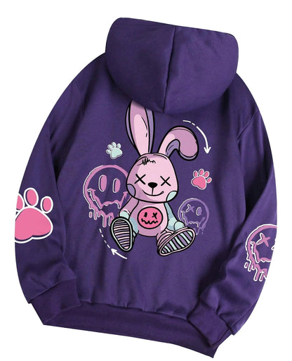Hip hop printed oversized hoodie for women featuring a playful bunny design on a purple background