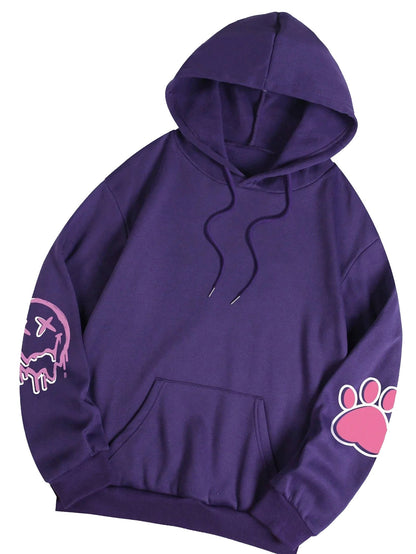 Purple hip hop printed oversized hoodie for women featuring graphic designs and a front pocket