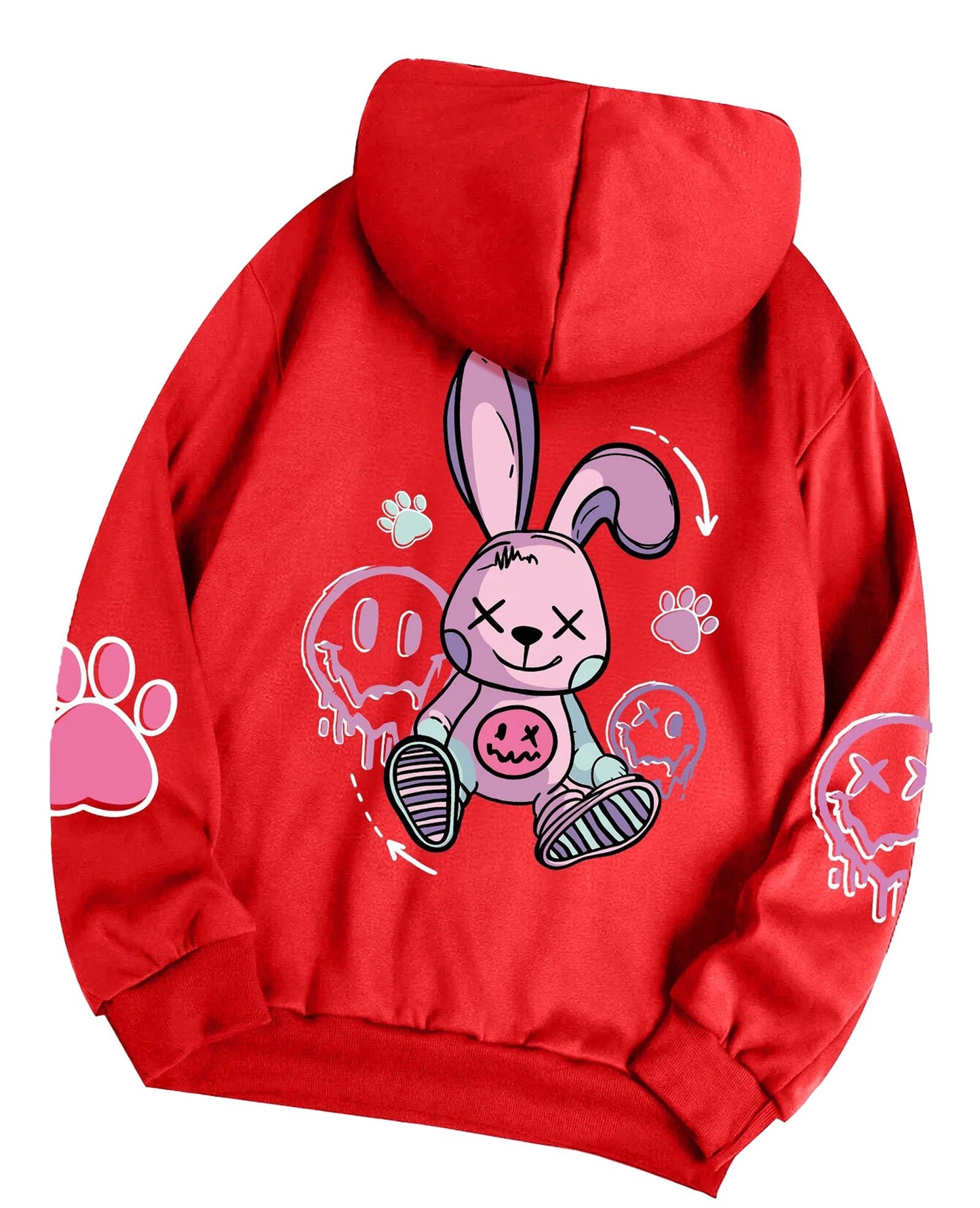 Red hip hop printed oversized hoodie for women featuring a cute cartoon bunny design