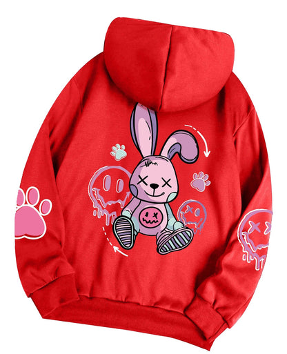 Red hip hop printed oversized hoodie for women featuring a cute cartoon bunny design