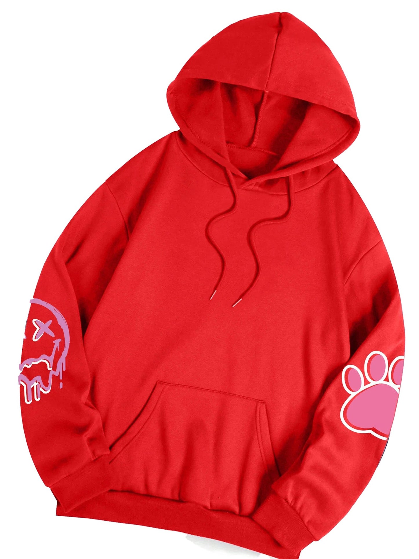 Red hip hop printed oversized hoodie for women with unique designs on sleeves and front pocket