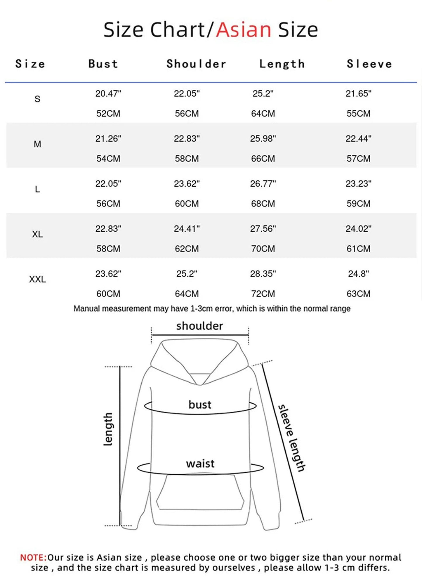 LuckeLadybug LLC hip hop printed oversized hoodie for women with a size chart detailing bust, shoulder, and sleeve measurements