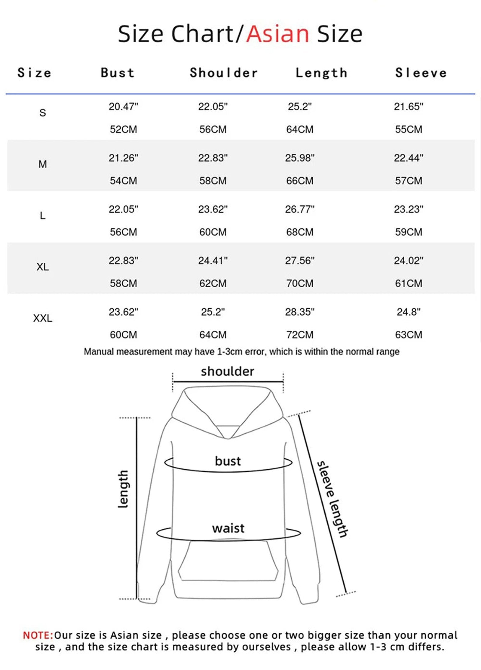 LuckeLadybug LLC hip hop printed oversized hoodie for women with a size chart detailing bust, shoulder, and sleeve measurements