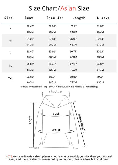LuckeLadybug LLC hip hop printed oversized hoodie for women with a size chart detailing bust, shoulder, and sleeve measurements