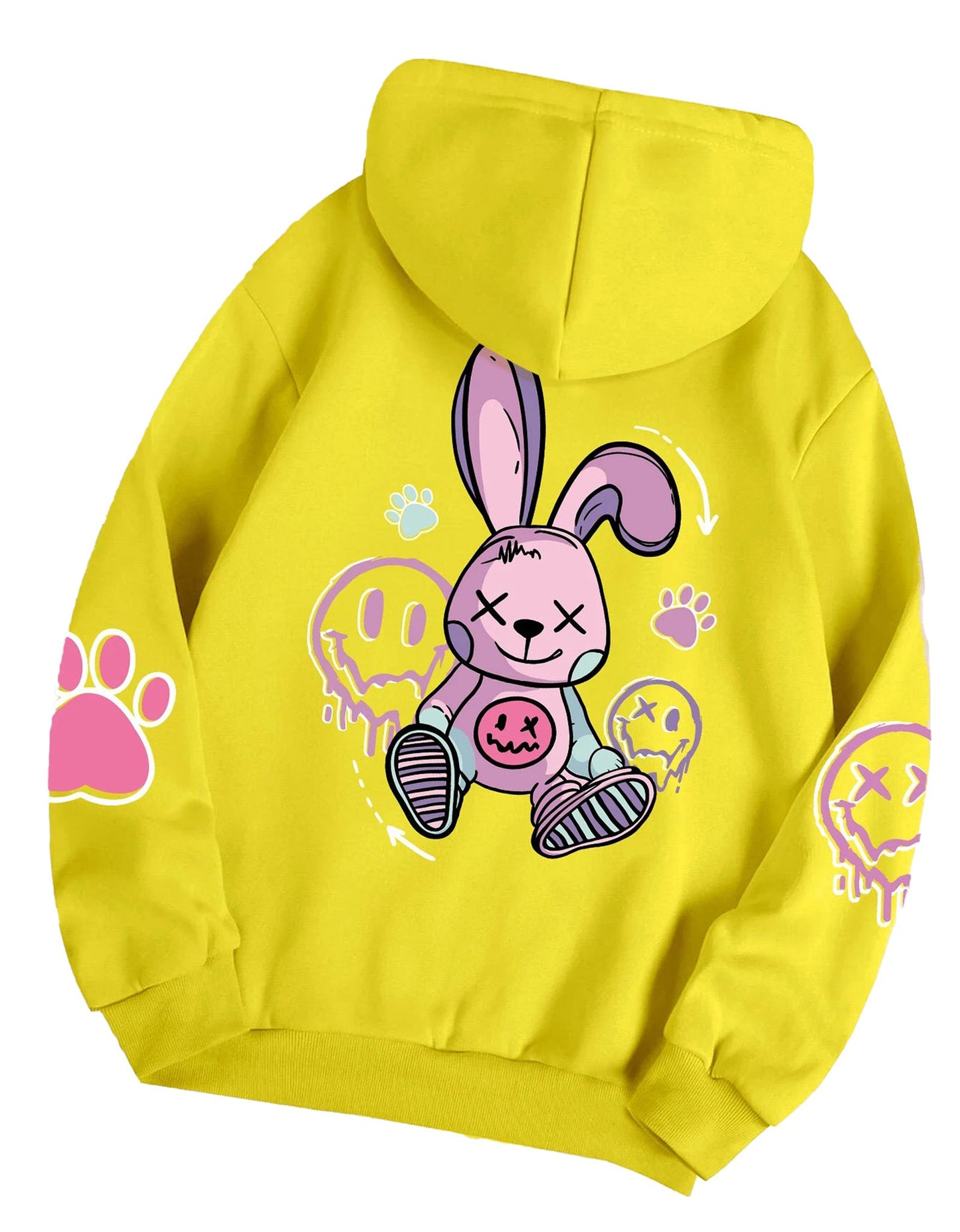 Hip hop printed oversized hoodie for women in yellow with cartoon bunny design on the back