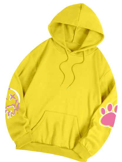 LuckeLadybug hip hop printed oversized hoodie for women in vibrant yellow with graphic designs