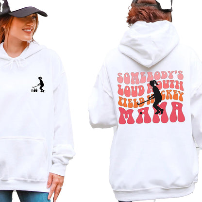 White Hockey Mom Hoodie featuring playful graphic on the back for proud hockey moms