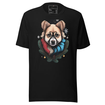 Black LuckeLadybug holiday dog graphic t-shirt featuring a dog's face with red and blue scarf and holiday decorations