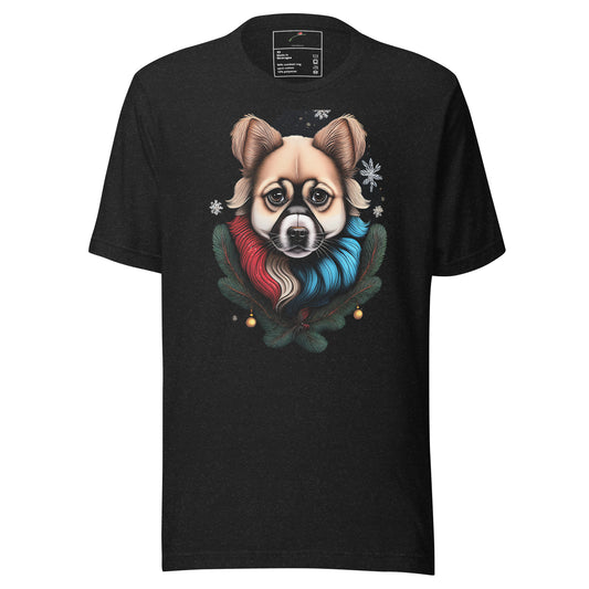 LuckeLadybug holiday dog graphic t-shirt with a festive dog wearing a red and blue scarf on black fabric