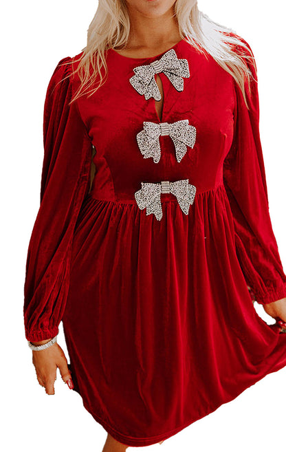 LuckeLadybug fiery red velvet mini dress with long puff sleeves and three jeweled bow accents