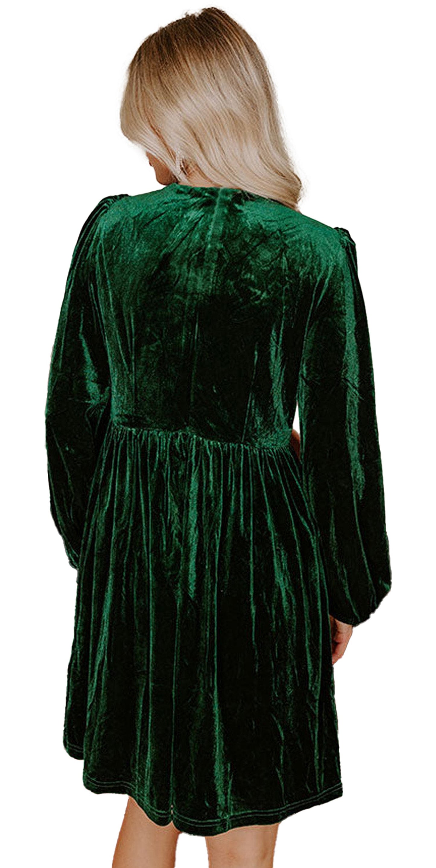 LuckeLadybug green velvet mini dress back view with long sleeves and gathered waist in setting fiery red velvet mini dress