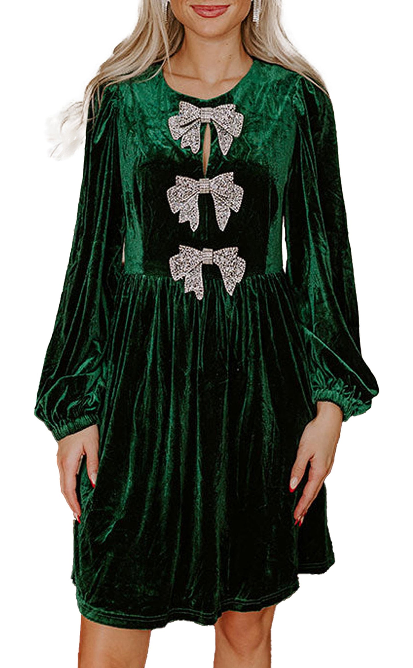 LuckeLadybug emerald green velvet mini dress with jeweled bows and long puff sleeves festive look fiery red velvet mini dress