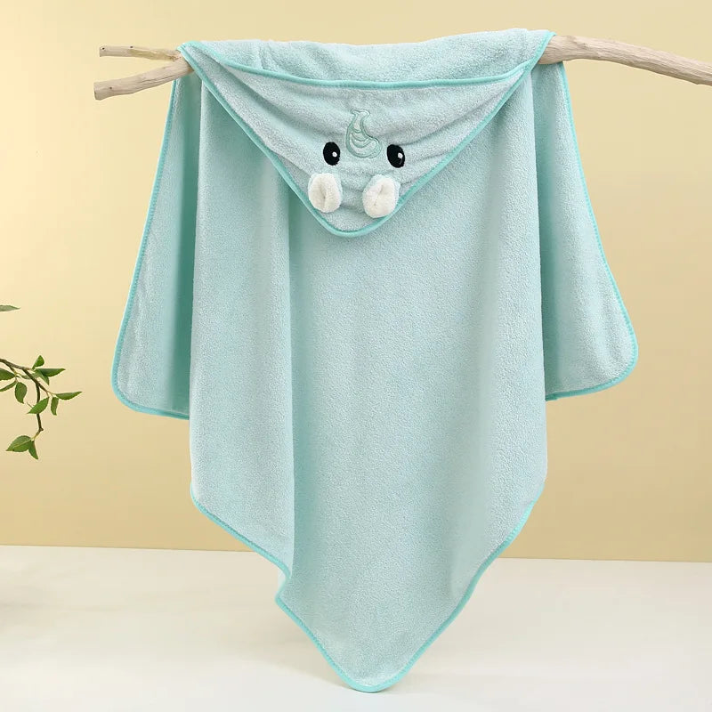 LuckeLadybug LLC hooded newborn towel in light blue with cute animal design for baby's bath time