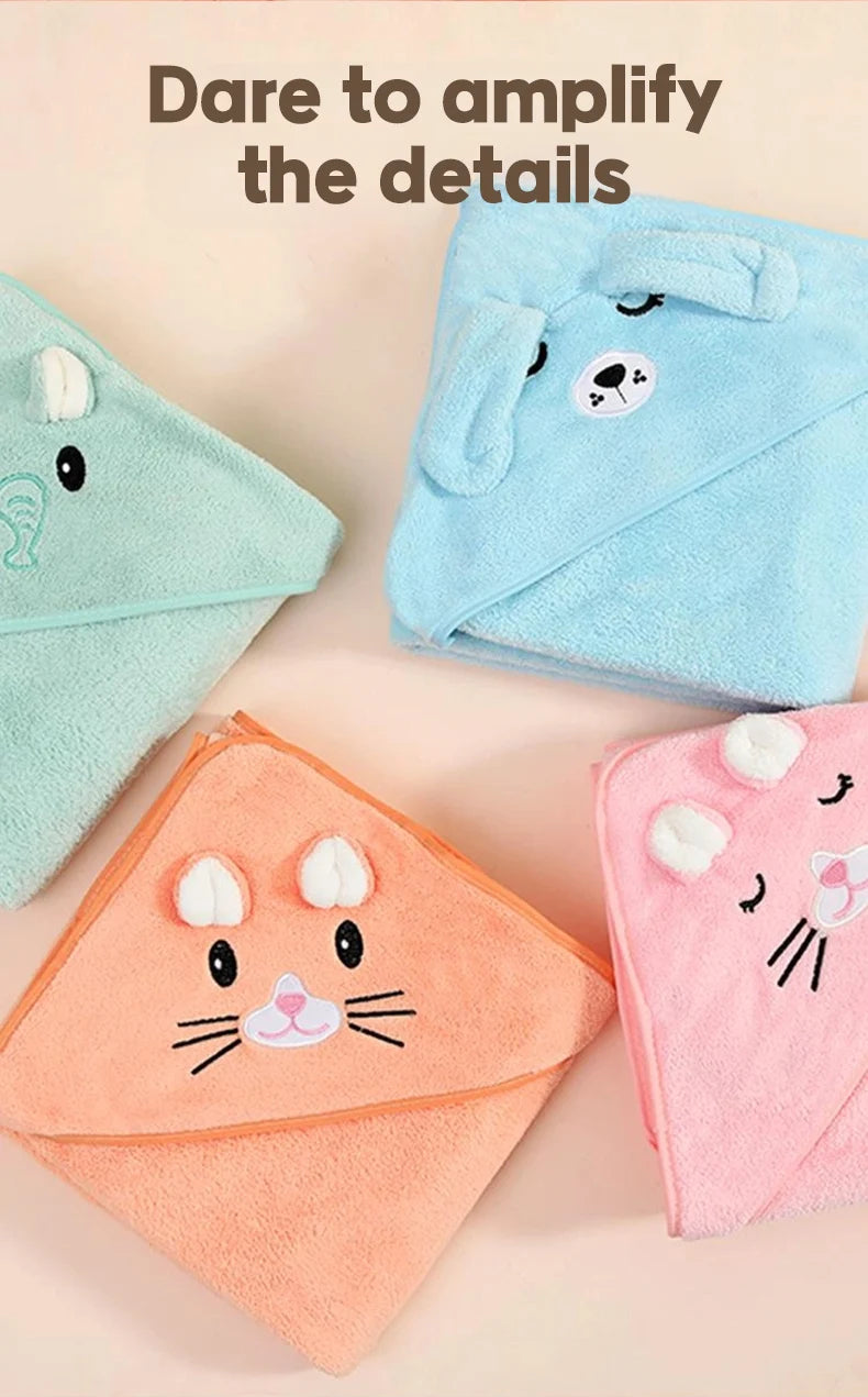 Soft hooded newborn towel in various animal designs for cozy bath time comfort