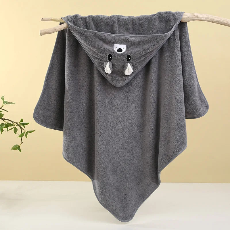 Gray hooded newborn towel featuring adorable animal appliques for cozy drying after baths