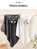 Two soft hooded newborn towels with cute animal faces, in gray and white colors