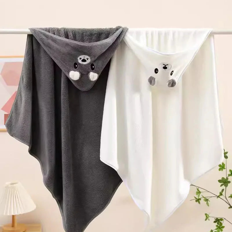 LuckeLadybug hooded newborn towel set in gray and white with cute animal designs for cozy bath time