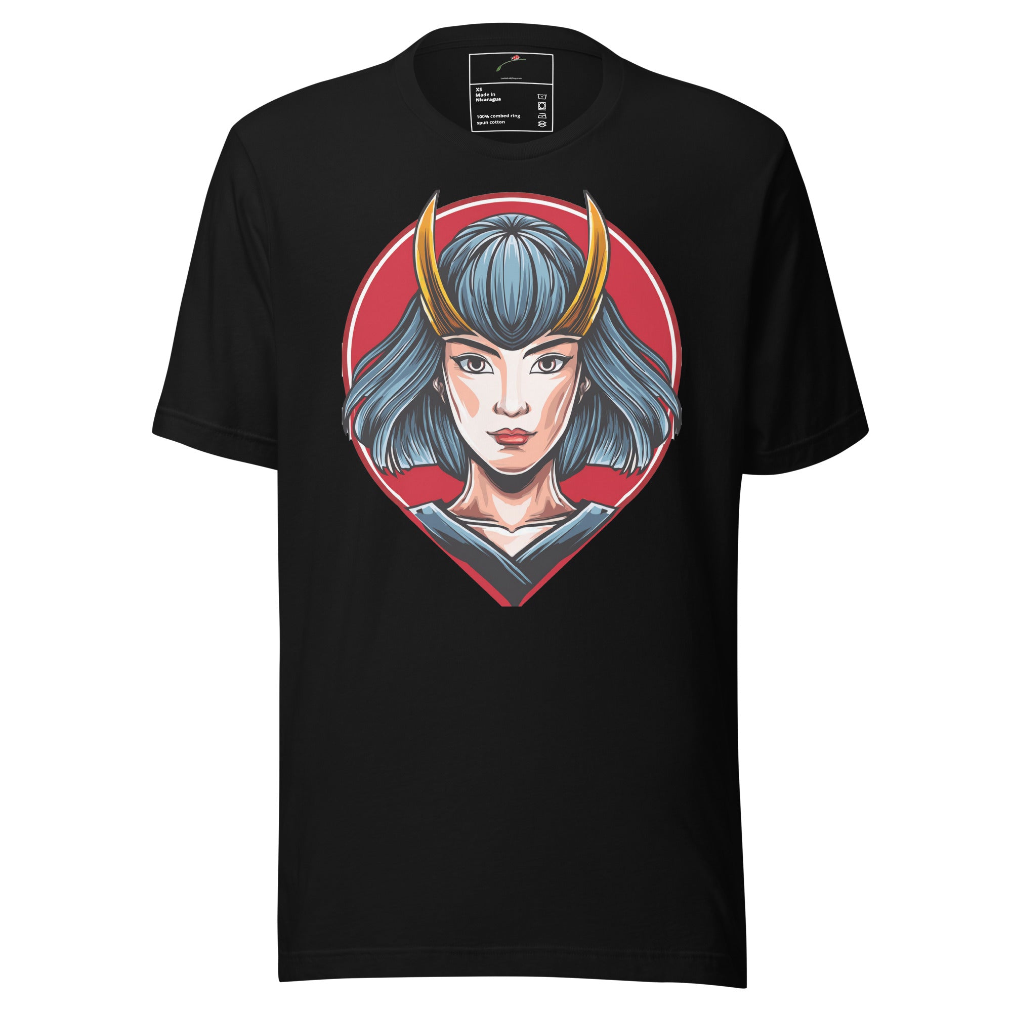 Black LuckeLadybug horned samurai tee for men featuring blue-haired samurai warrior design