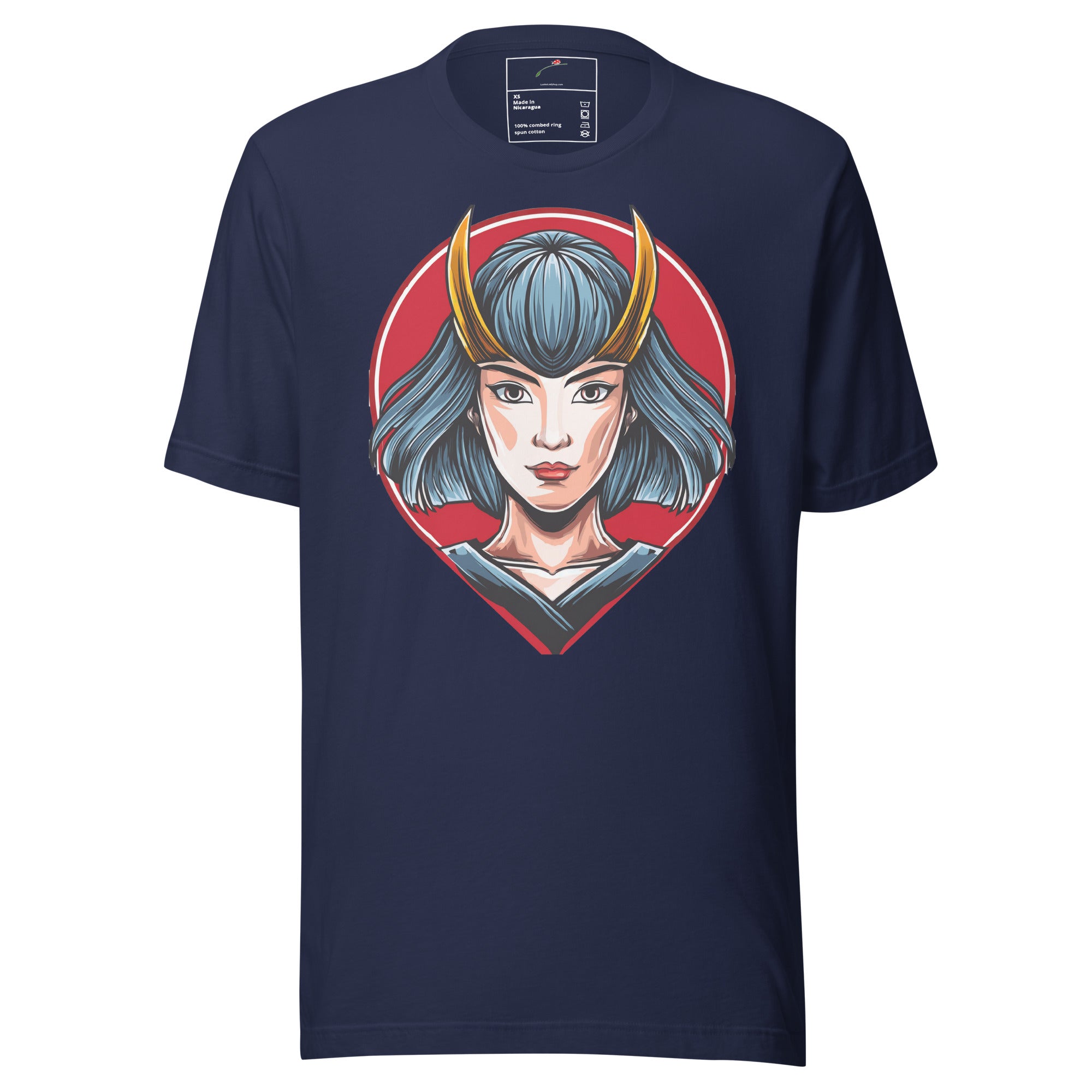 LuckeLadybug horned samurai tee for men featuring a graphic of a samurai woman with blue hair on a navy t-shirt