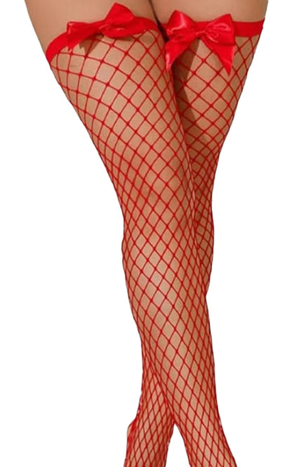 Hot pink bow fishnet thigh high stockings with a seductive look and stylish design for stylish outfit enhancements
