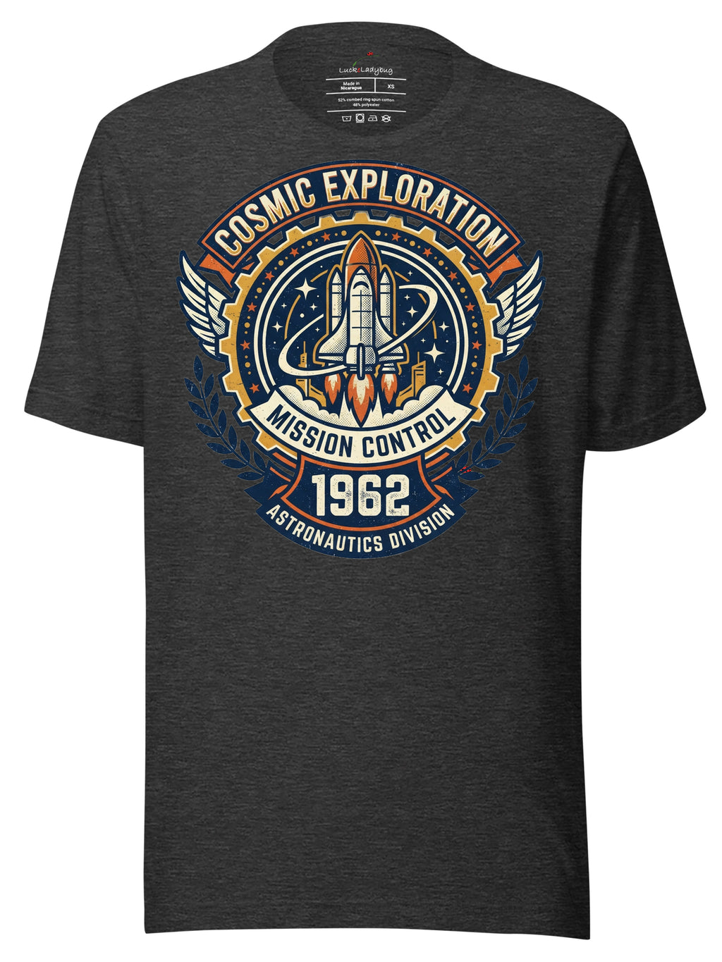 Houston Astros T-Shirt featuring Cosmic Exploration Mission Control design with a rocket and vintage graphics