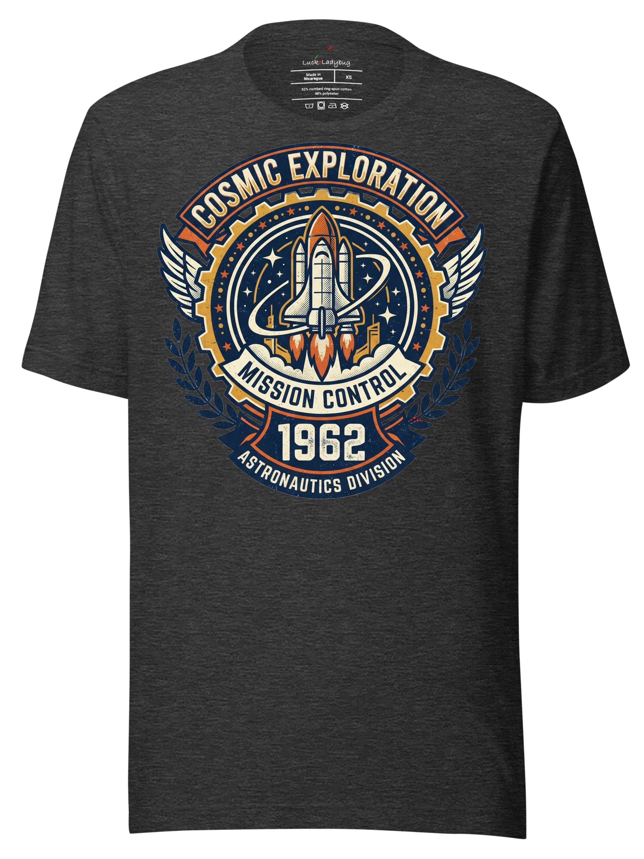 Houston Astros T-Shirt featuring Cosmic Exploration Mission Control design with a rocket and vintage graphics