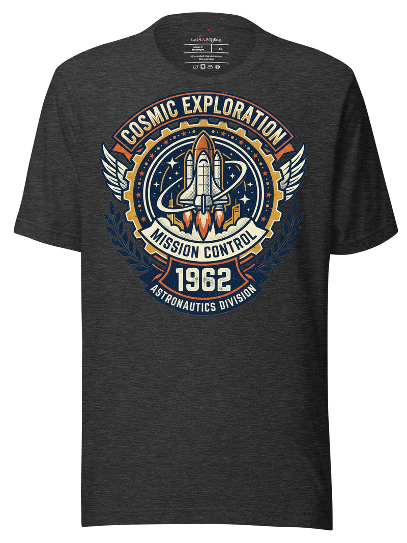 Houston Astros T-Shirt featuring Cosmic Exploration Mission Control design with a rocket and vintage graphics