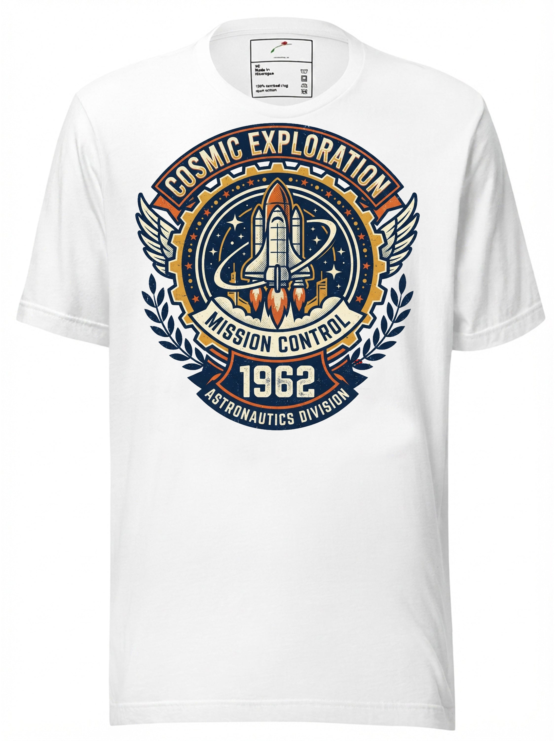 White T-Shirt featuring a Cosmic Exploration design for Houston Astros fans, celebrating space missions