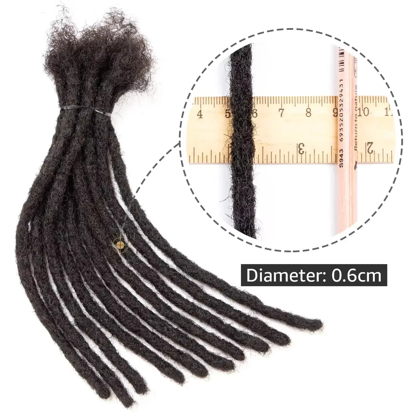 Human hair dreadlock extensions in dark color, 0.6cm diameter, perfect for stylish hairstyles