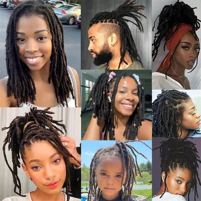 Variety of styles featuring human hair dreadlock extensions on different individuals