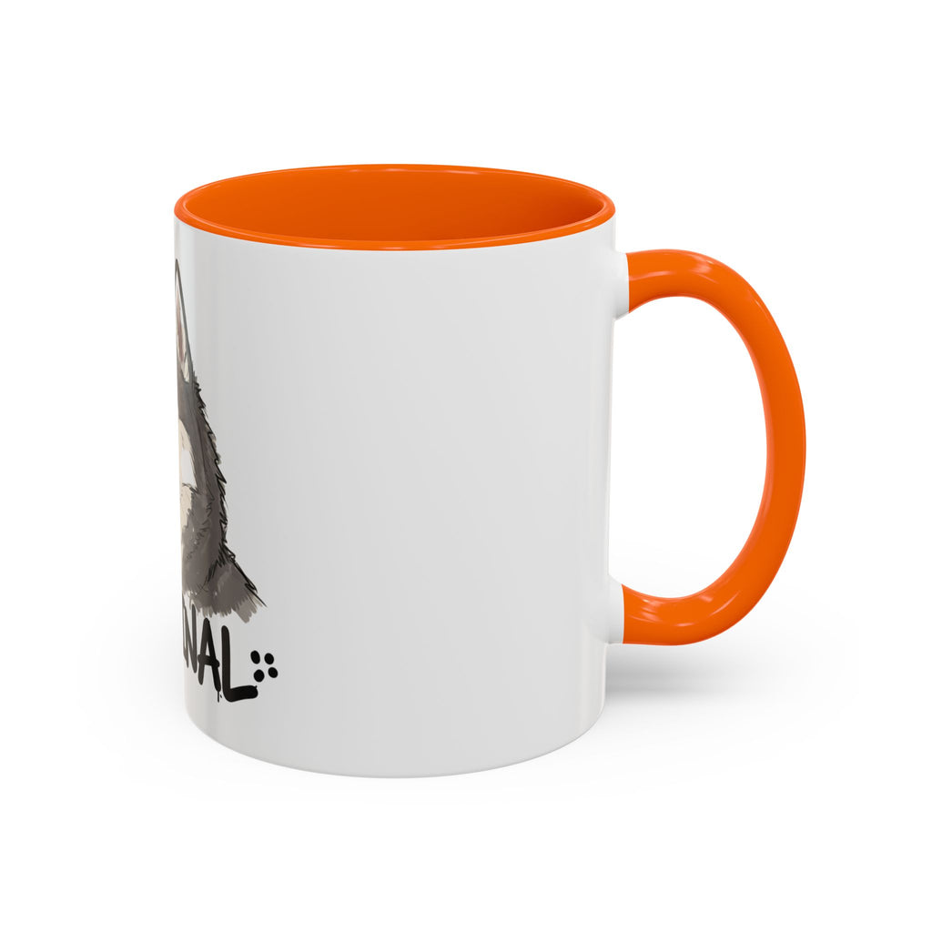 White husky coffee mug with orange handle and interior featuring a husky dog design
