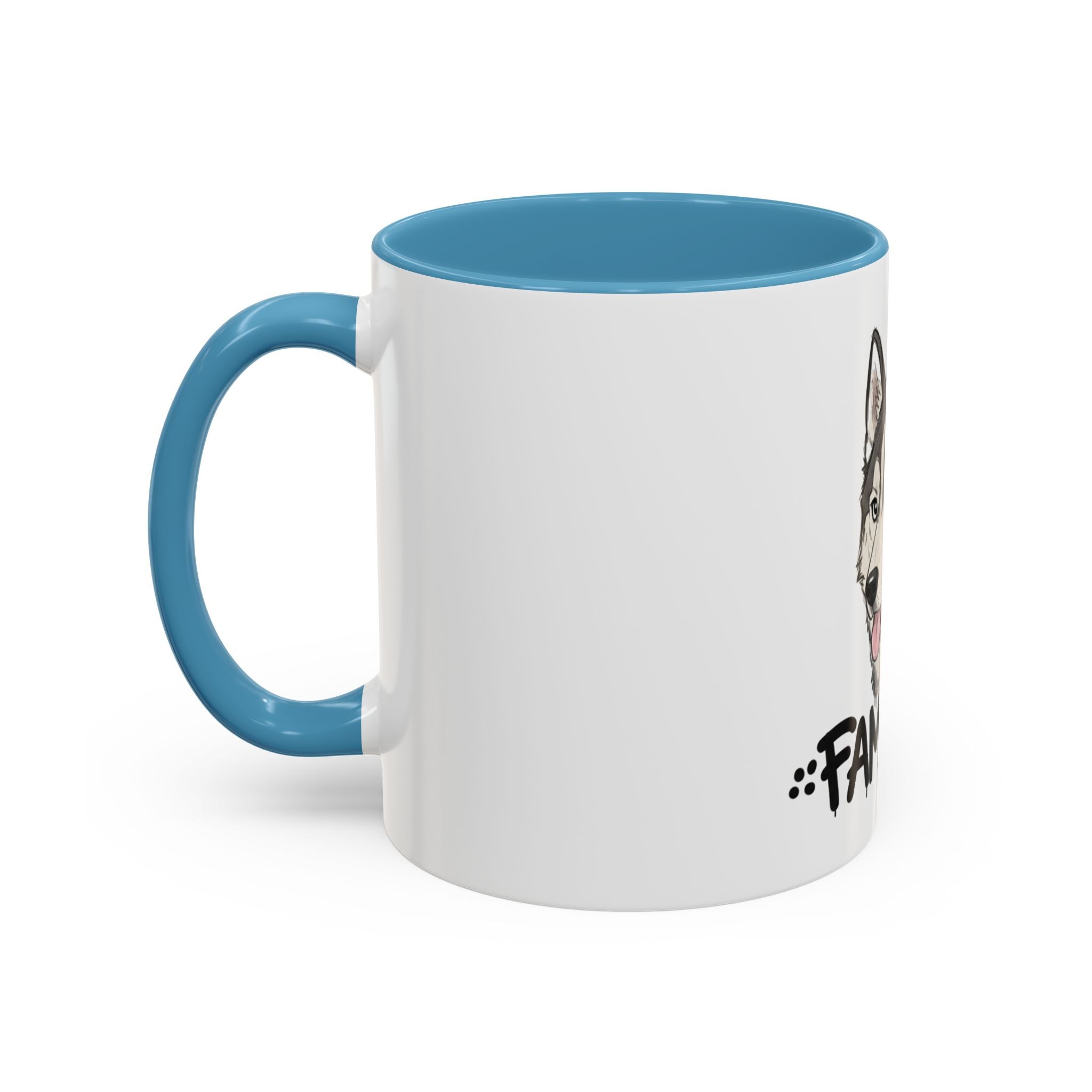 White husky coffee mug with blue handle and interior featuring partial husky face design