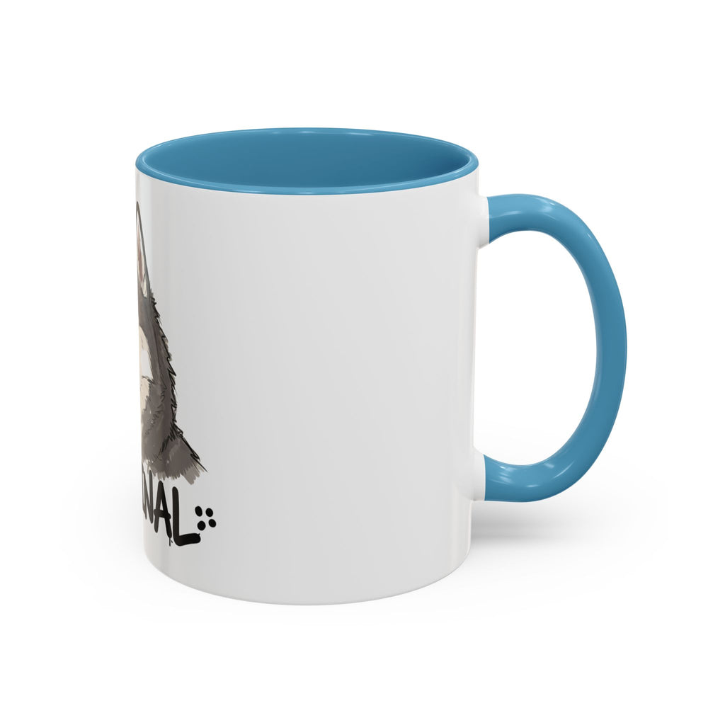LuckeLadybug husky coffee mug with blue handle and interior featuring a husky dog design