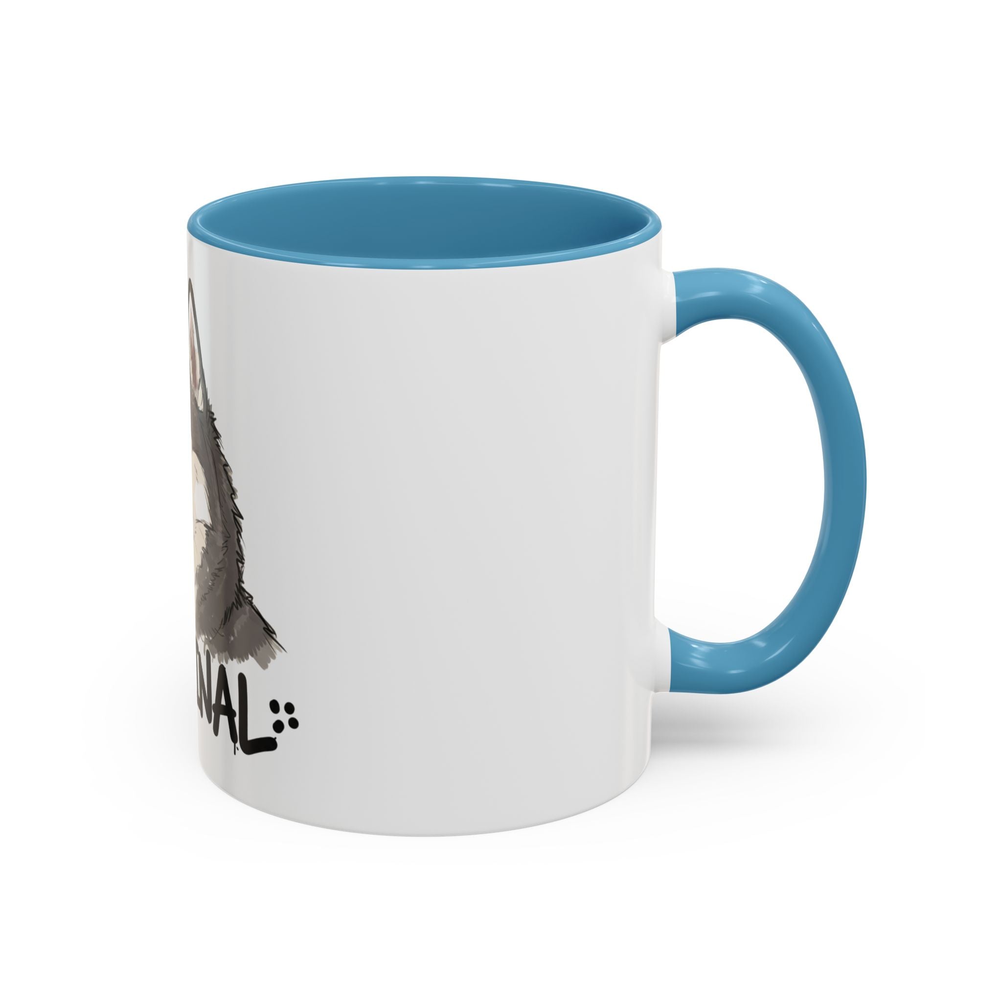 LuckeLadybug husky coffee mug with blue handle and interior featuring a husky dog design