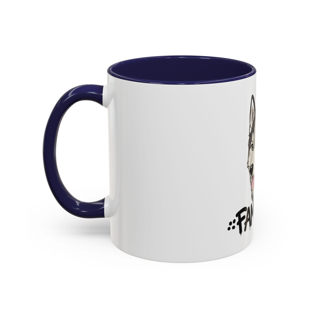 LuckeLadybug husky coffee mug with navy blue handle and interior featuring husky dog design