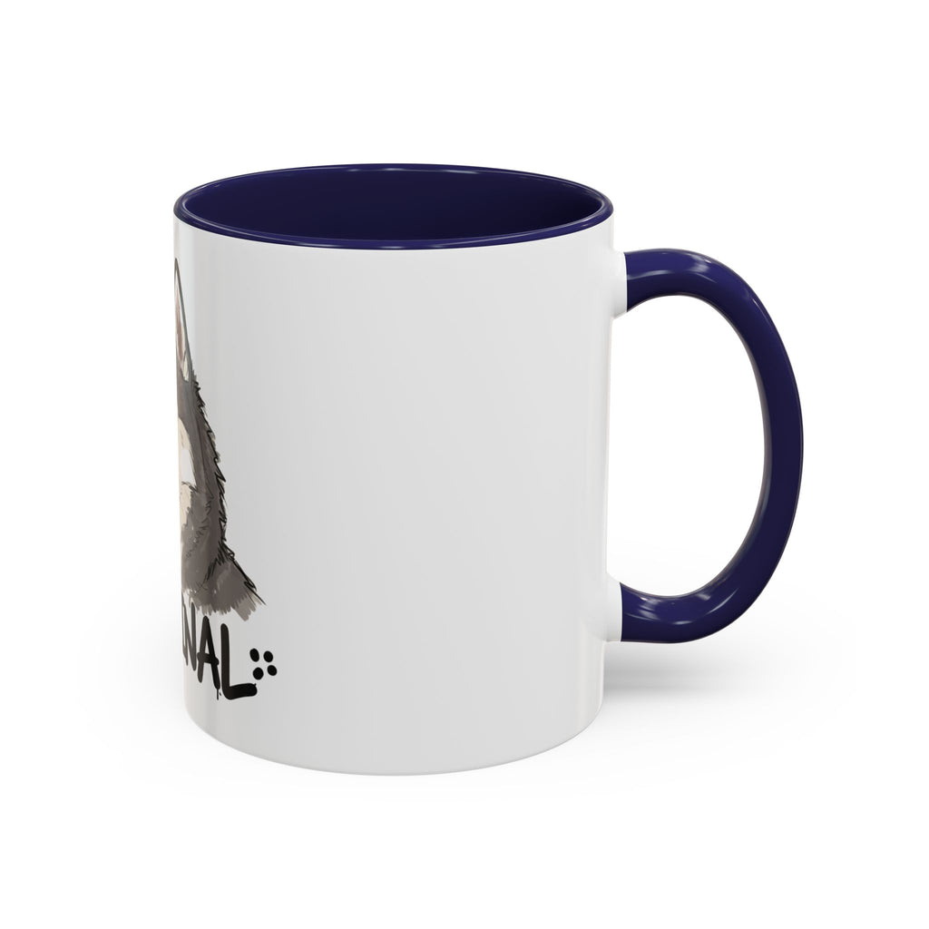 White husky coffee mug with dark blue handle and interior, featuring a husky dog design