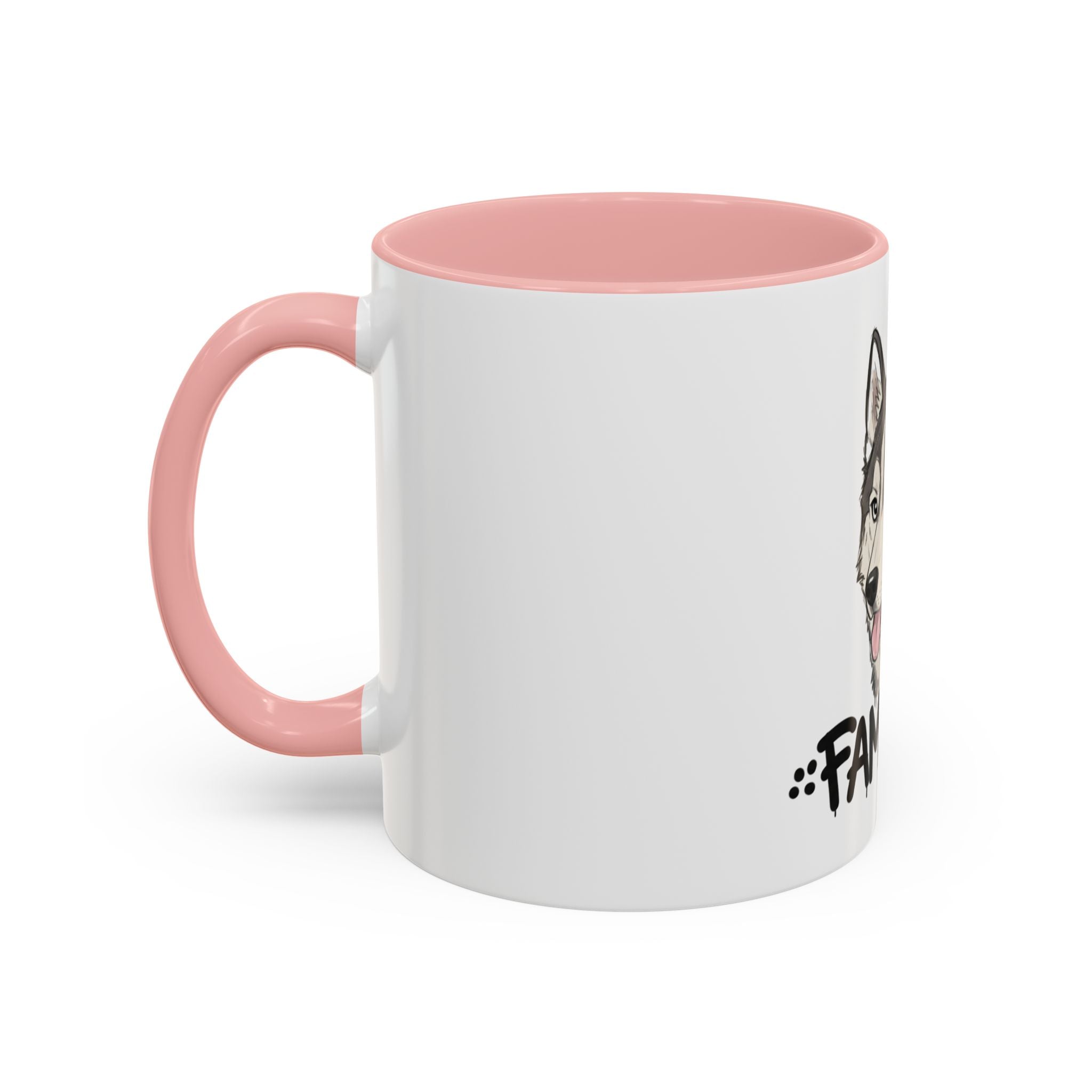 White husky coffee mug with pink handle and interior featuring a husky dog design
