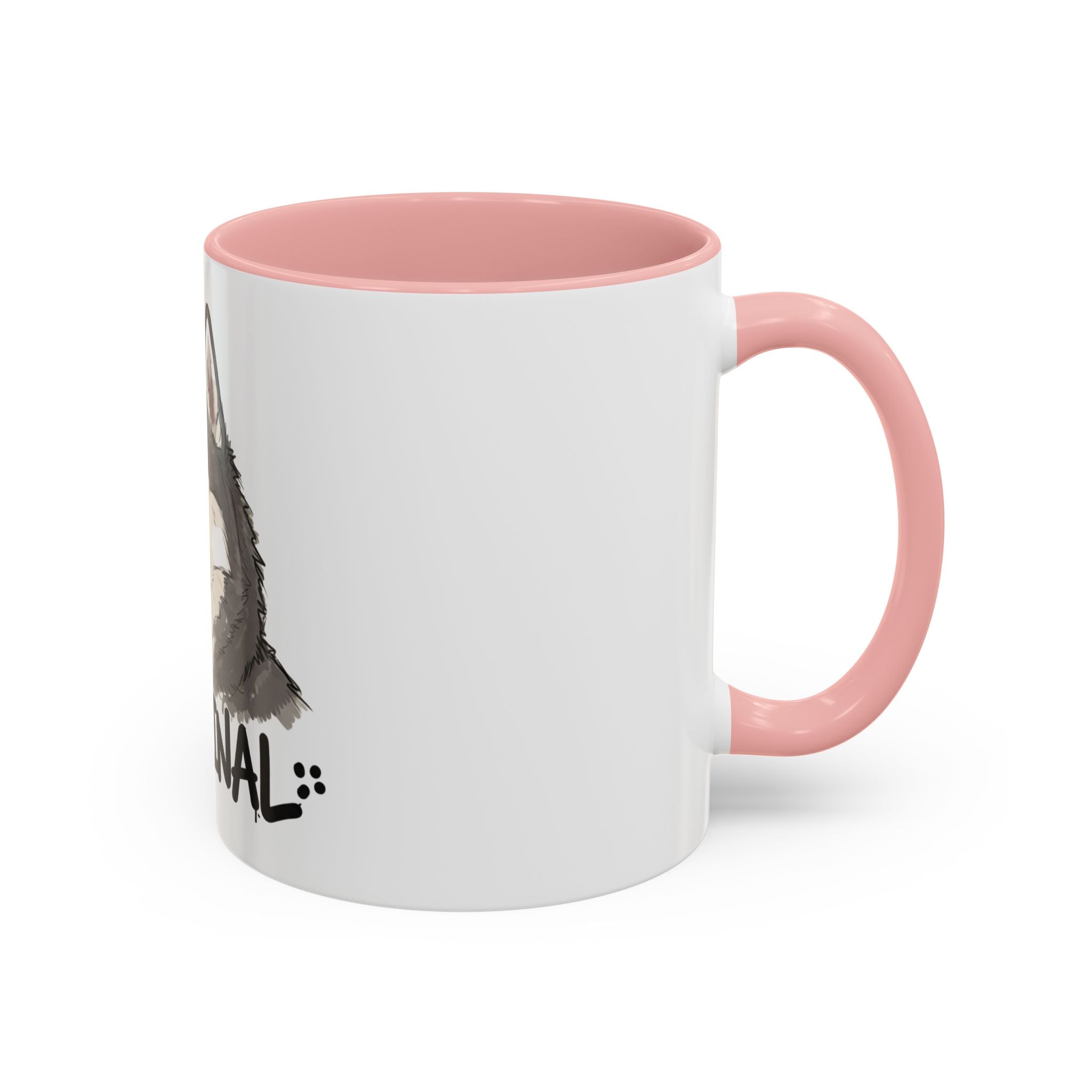 White husky coffee mug with pink handle and interior featuring a husky dog illustration