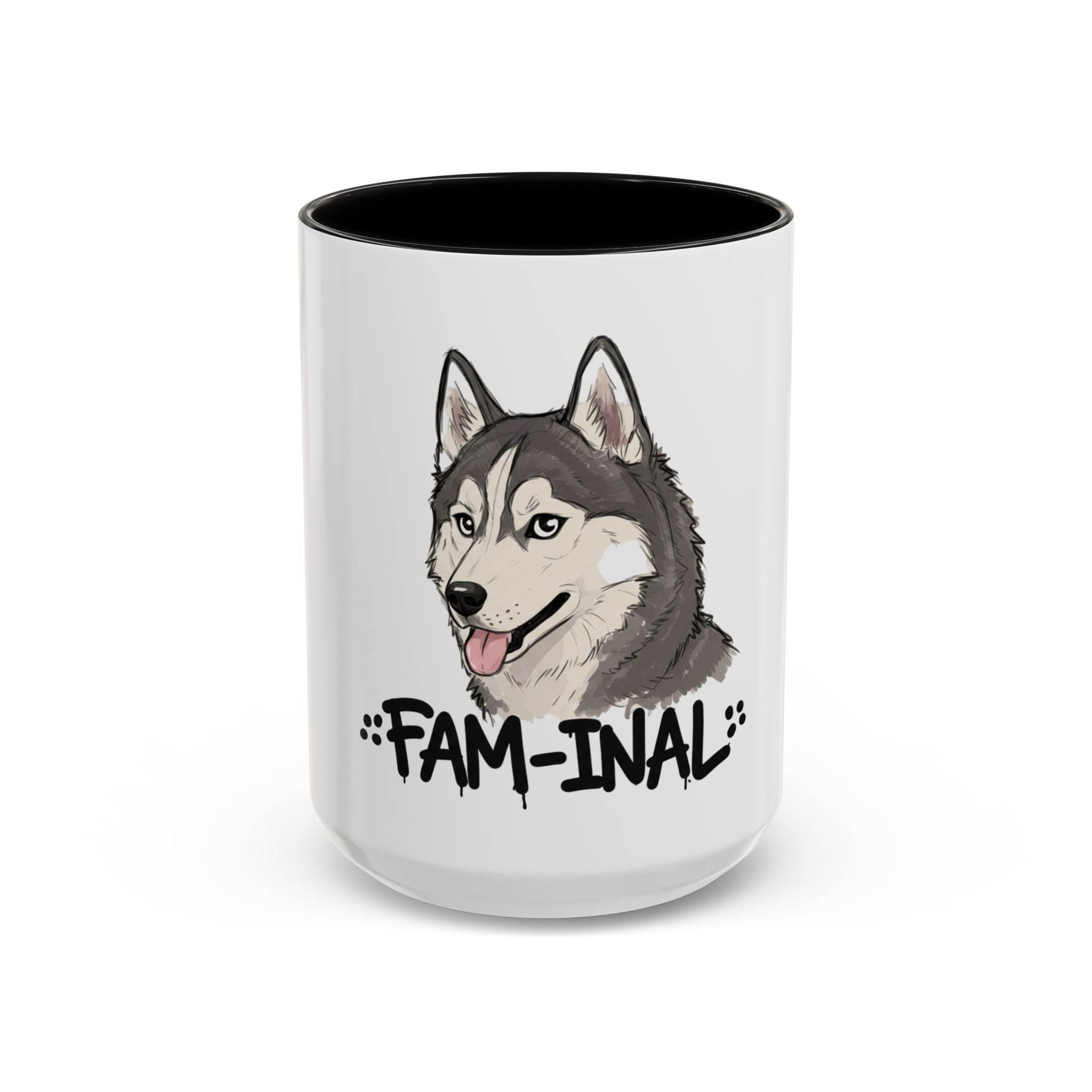 LuckeLadybug husky coffee mug featuring a smiling husky illustration with fam-inal text