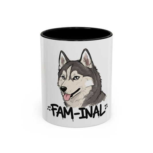 LuckeLadybug husky coffee mug with cartoon husky and FAM-INAL text on white ceramic