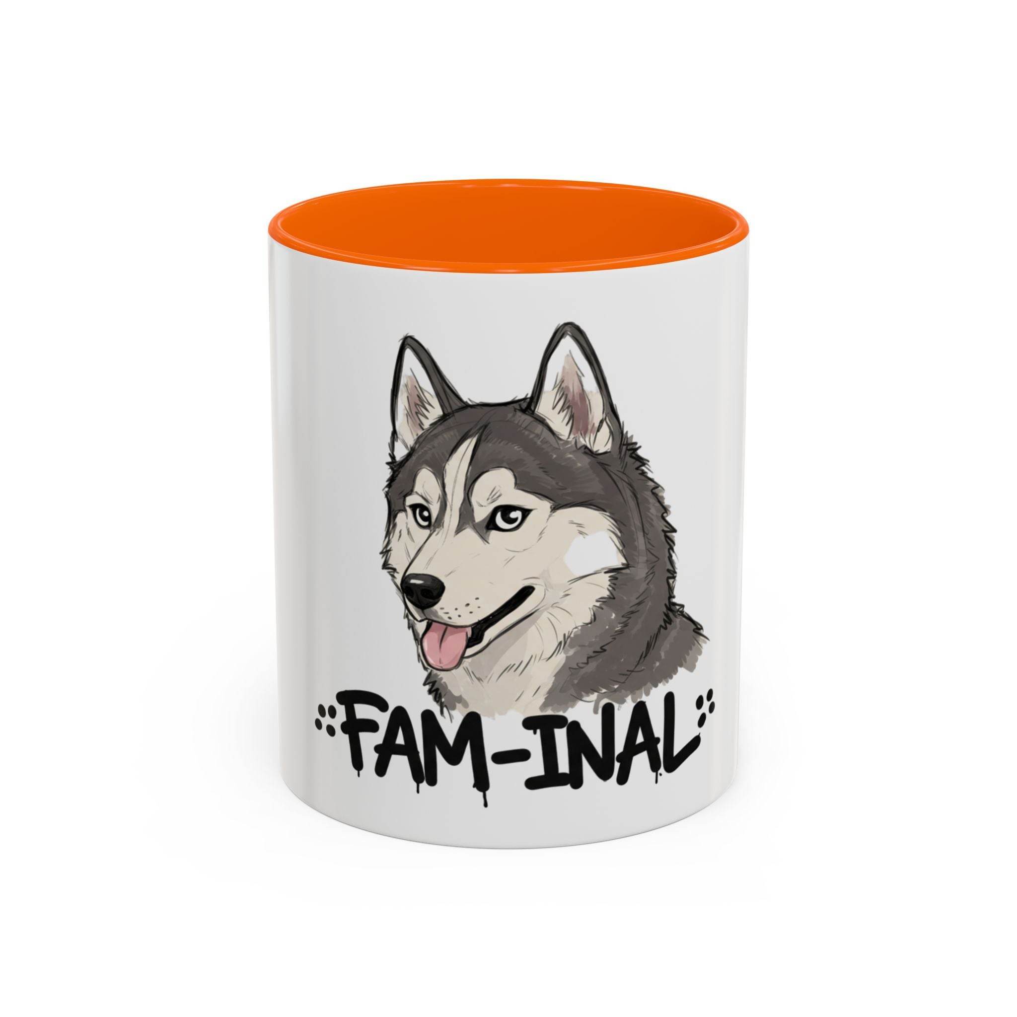 LuckeLadybug husky coffee mug with orange interior and fam-inal husky dog illustration