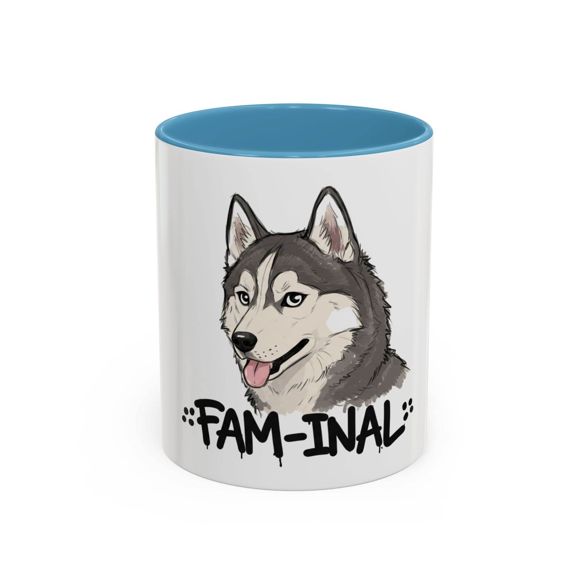 LuckeLadybug husky coffee mug with cartoon husky and FAM-INAL text in black on white ceramic